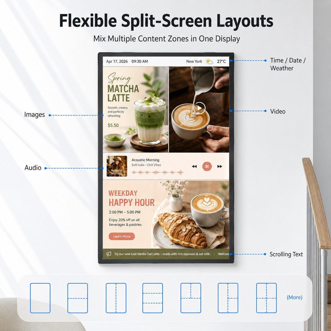 MWE digital signage split-screen layout showing images, video, audio, weather, time, and scrolling text