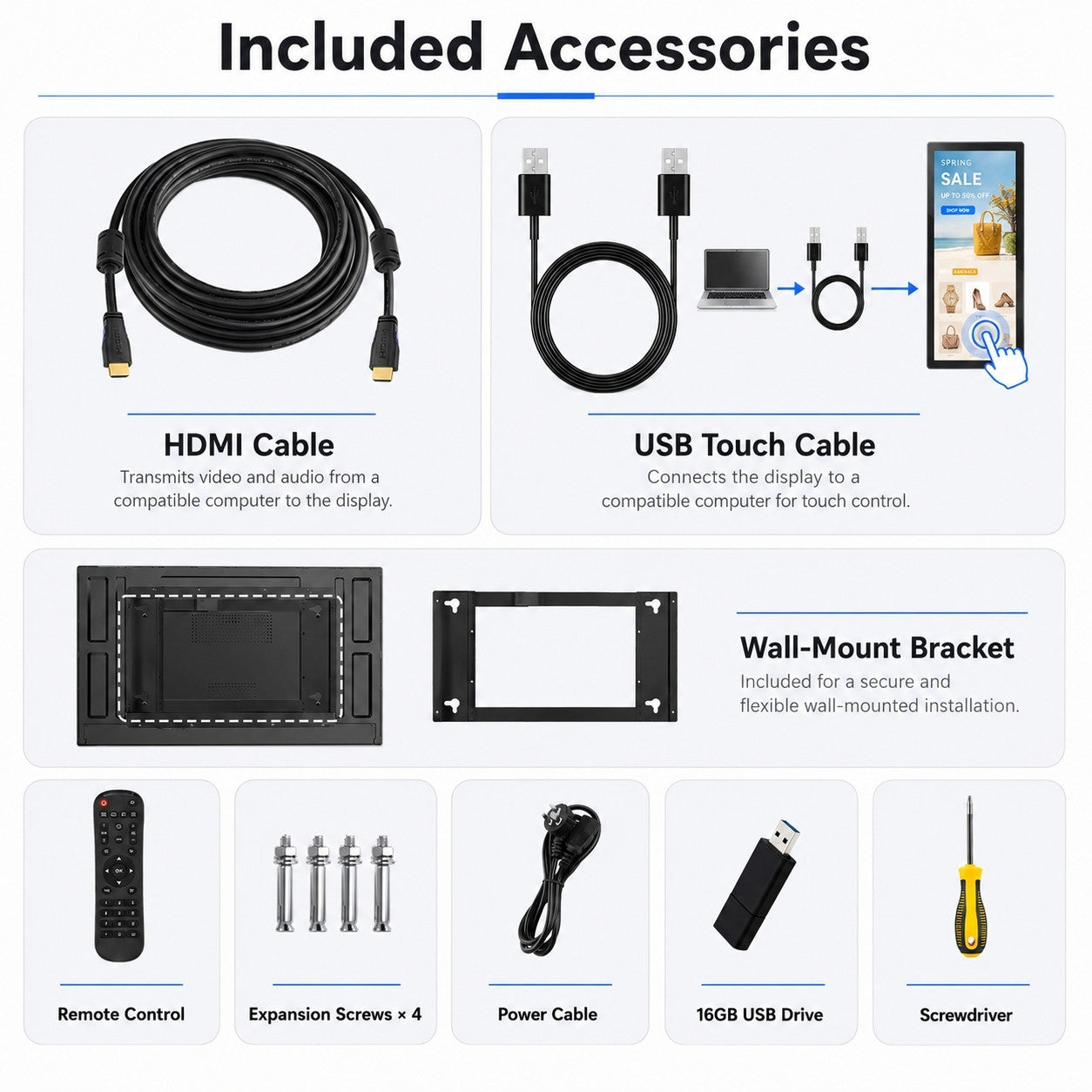 Included MWE display accessories: HDMI and USB touch cables, wall bracket, remote, power cable, screws, 16GB USB drive, and screwdriver