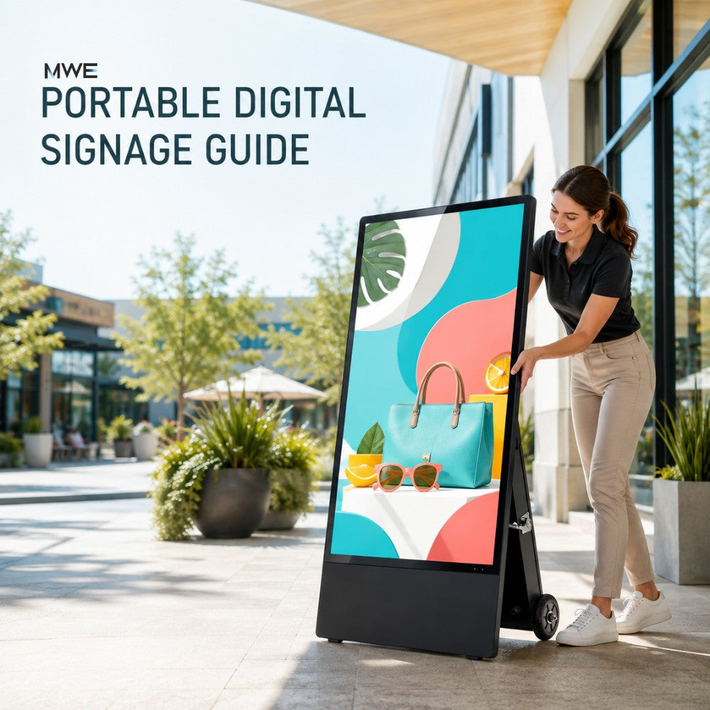 Portable digital signage display in a bright outdoor retail setting