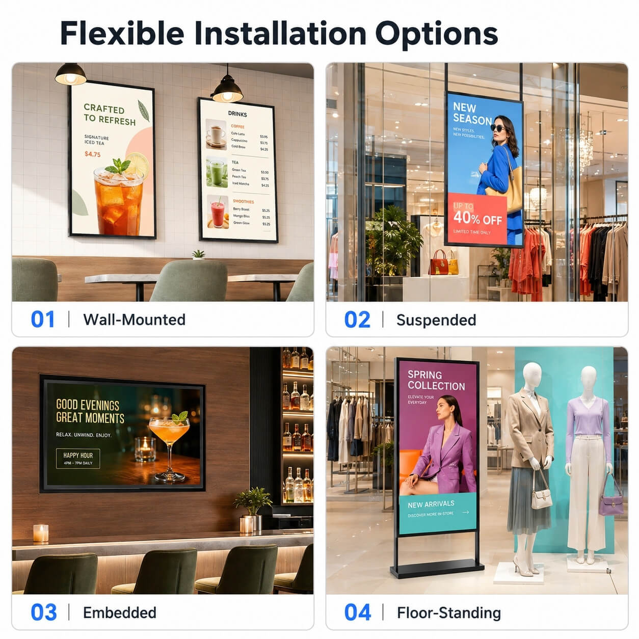 Four MWE digital signage installation options: wall-mounted, suspended, embedded, and floor-standing
