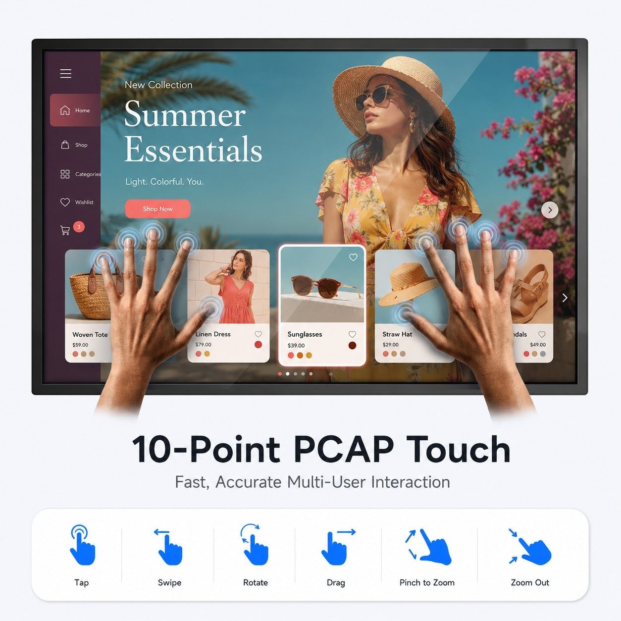 MWE wall-mounted touchscreen demonstrating 10-point capacitive touch gestures including tap, swipe, drag, rotate, and zoom