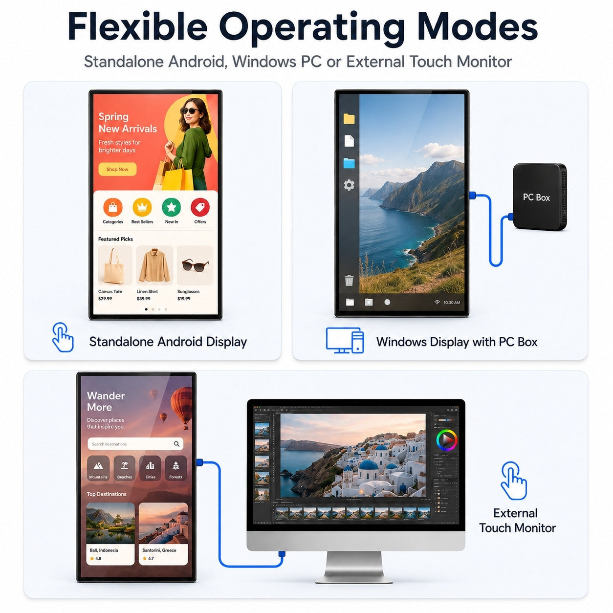 MWE display shown in standalone Android, Windows PC box, and external USB touch monitor operating modes