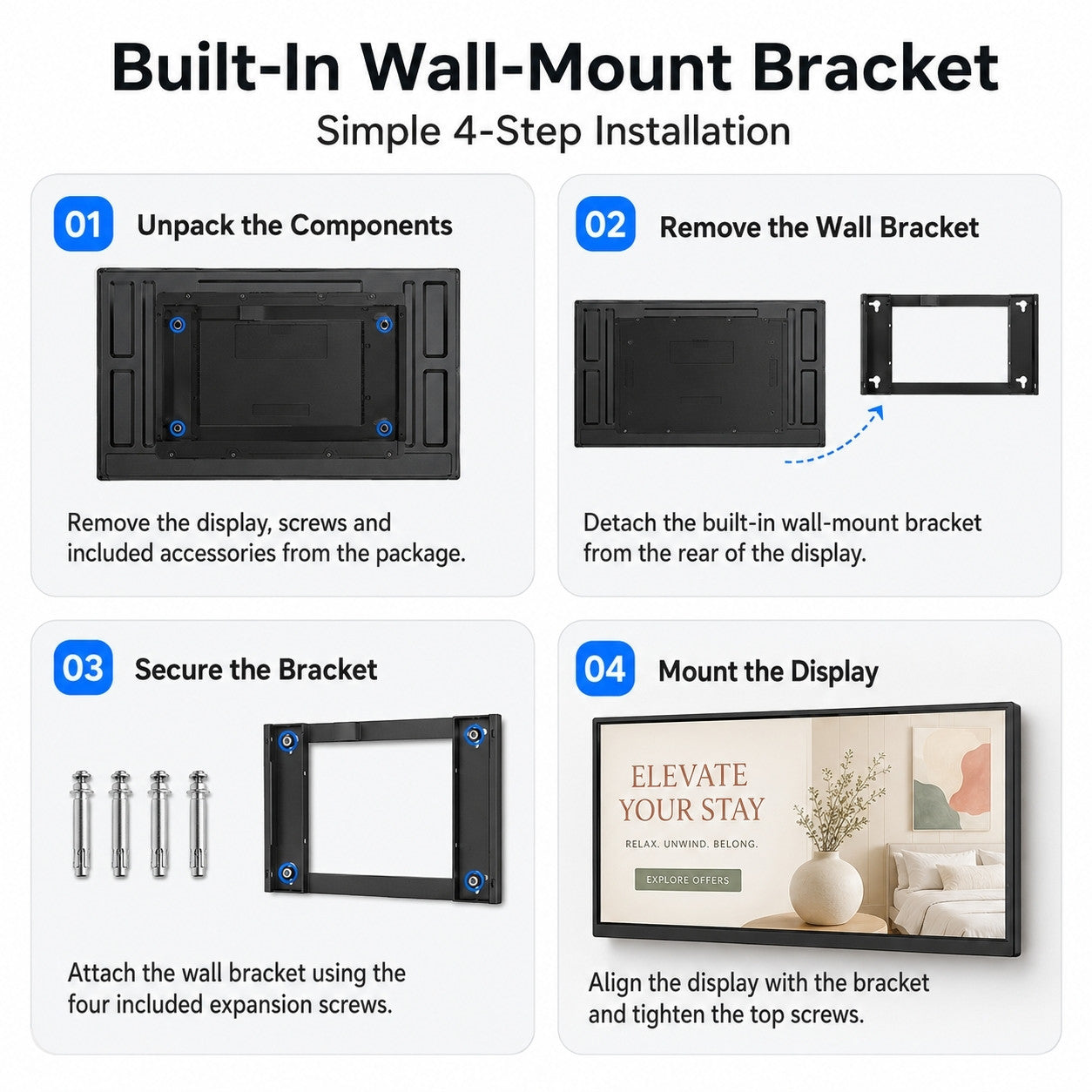 Four-step installation guide for the MWE built-in wall-mount bracket