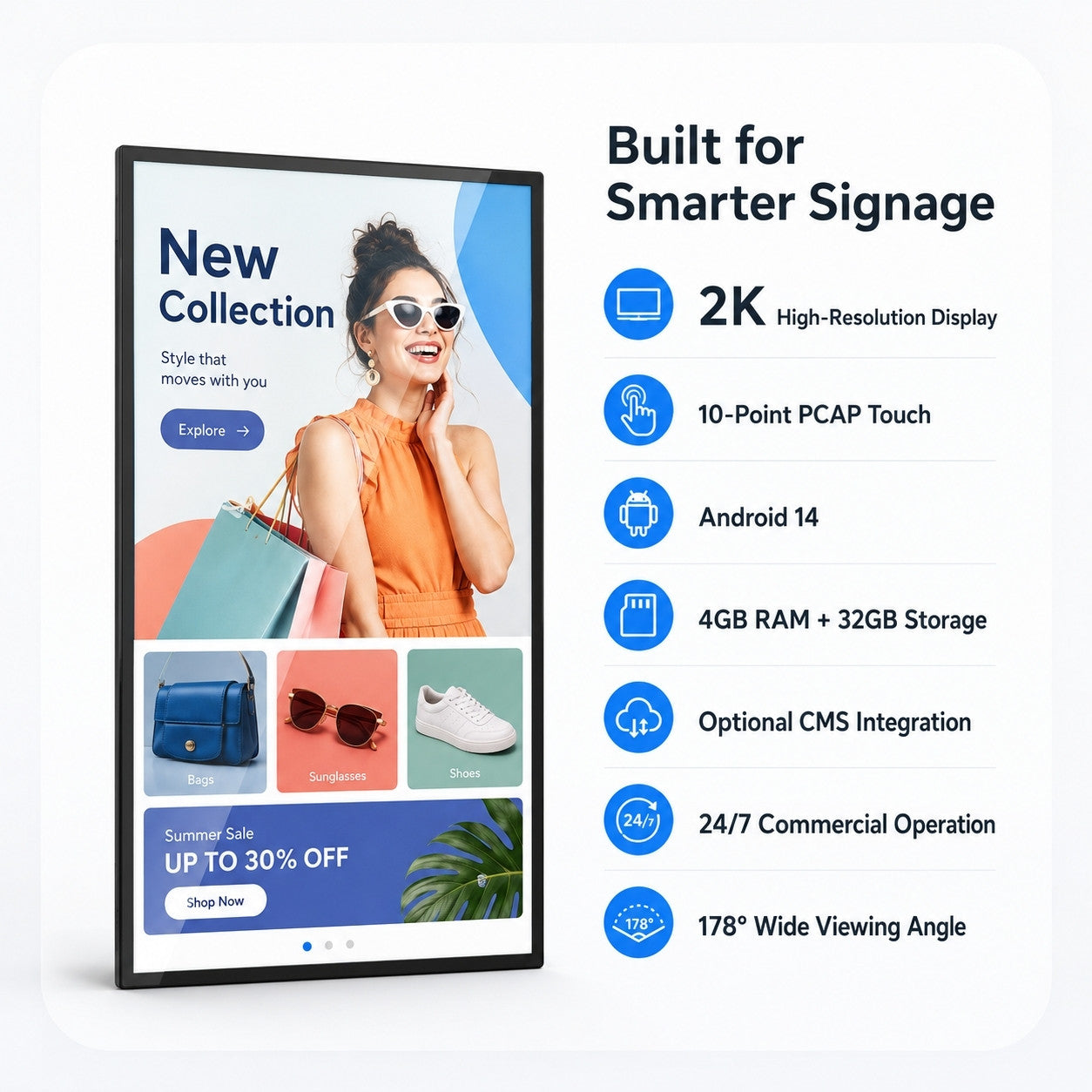 MWE Android 14 wall-mount touchscreen highlighting 2K display, 10-point touch, CMS, and 24/7 operation
